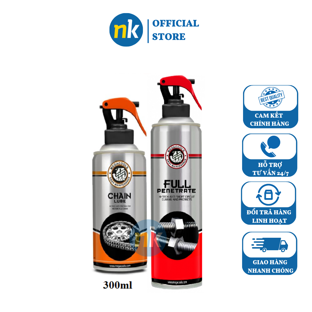 Combo chai xịt vệ sinh sên Megacools 500ml và xịt bảo duõng sên Megacools Chain Lube 300ml- chuyên dùng cho xe sên xích trần sên sích phốt cao su xe Exciter Winner Sirius mô tô PKL