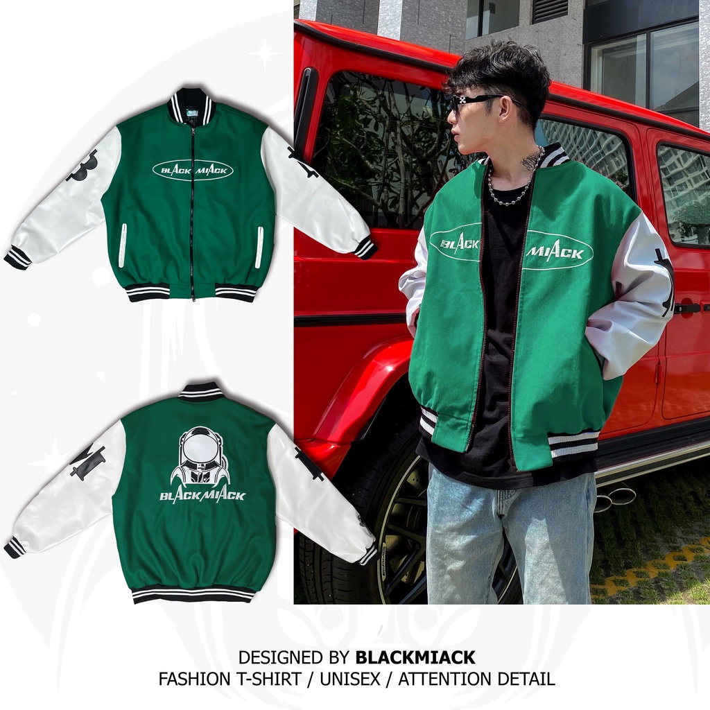Áo Khoác Bomber Varsity Nỉ Kaki, tay Da, Full Thêu màu Xanh Lá BLACKMIACK Varsity Jacket BM1
