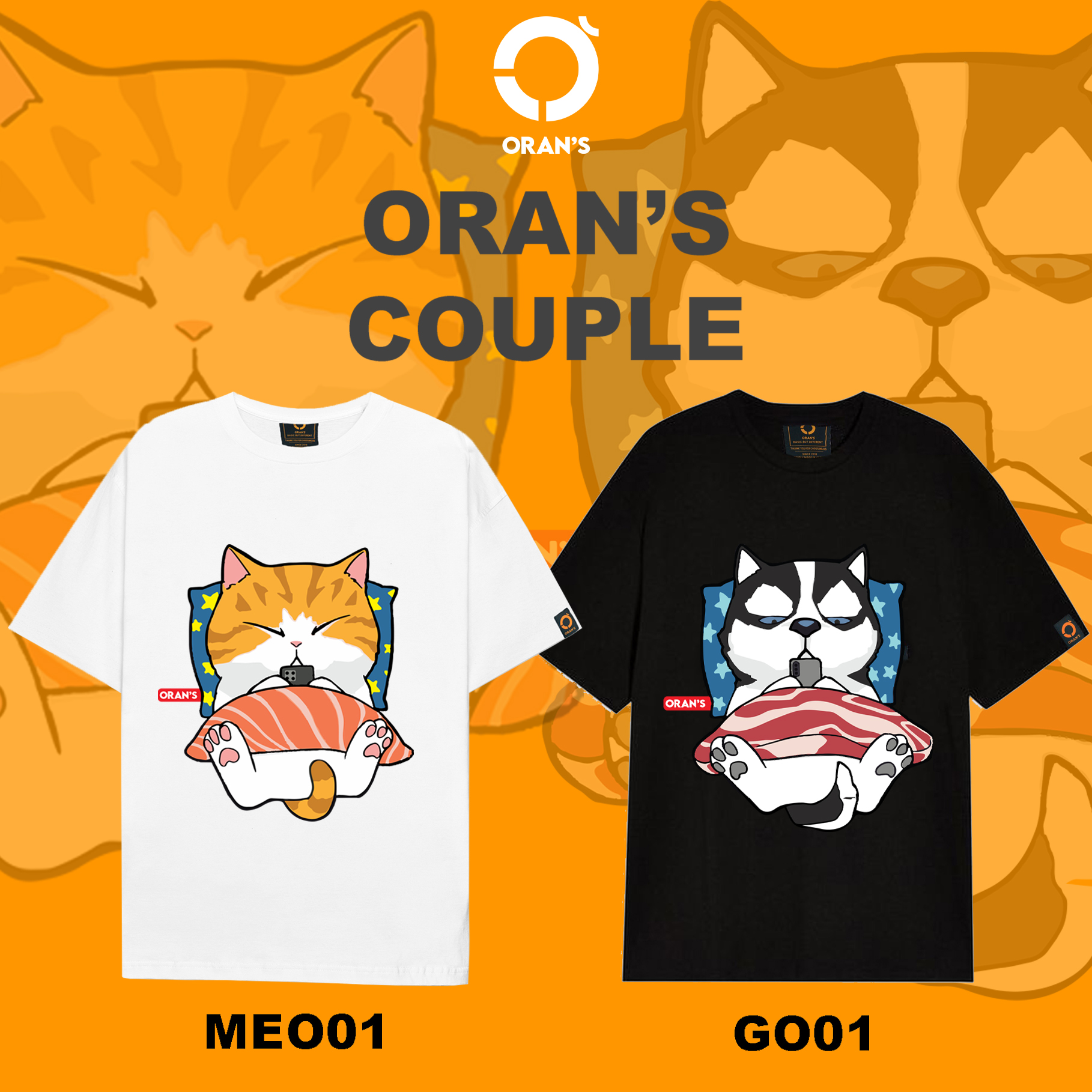 Áo thun ORAN'S Couple Tee in hình chó mèo 01 dễ thương cho nam nữ tay lỡ Oversize chất COTTON 4C cao cấp siêu thấm hút mồ hôi, FULLBOX - ORAN'S TEE - Chó Husky và Mèo Quàng Thượng