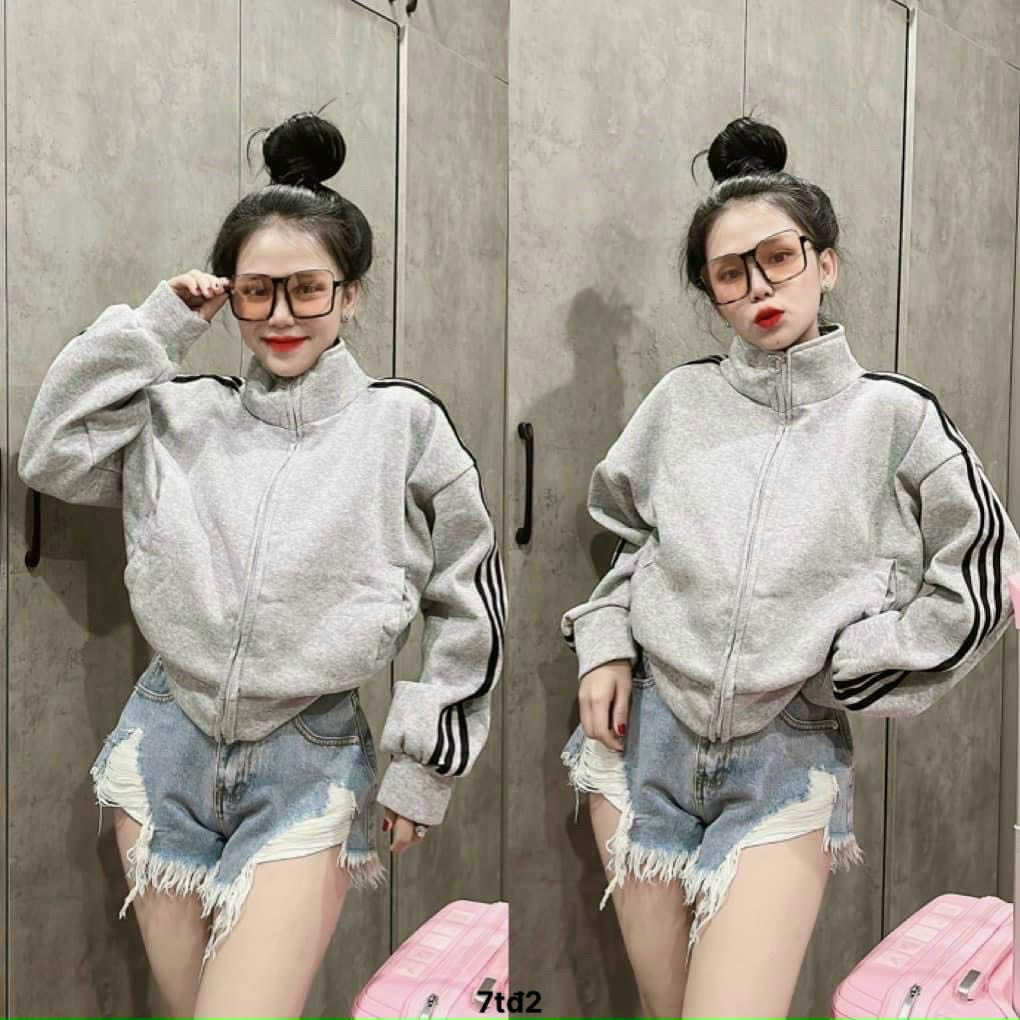 Áo Khoác Lửng Chạy Viền Sọc Chất Nỉ Ngoại , Áo Hoodie Khoá Kéo tay phồng cánh dơi unisex ulzzang - TP552