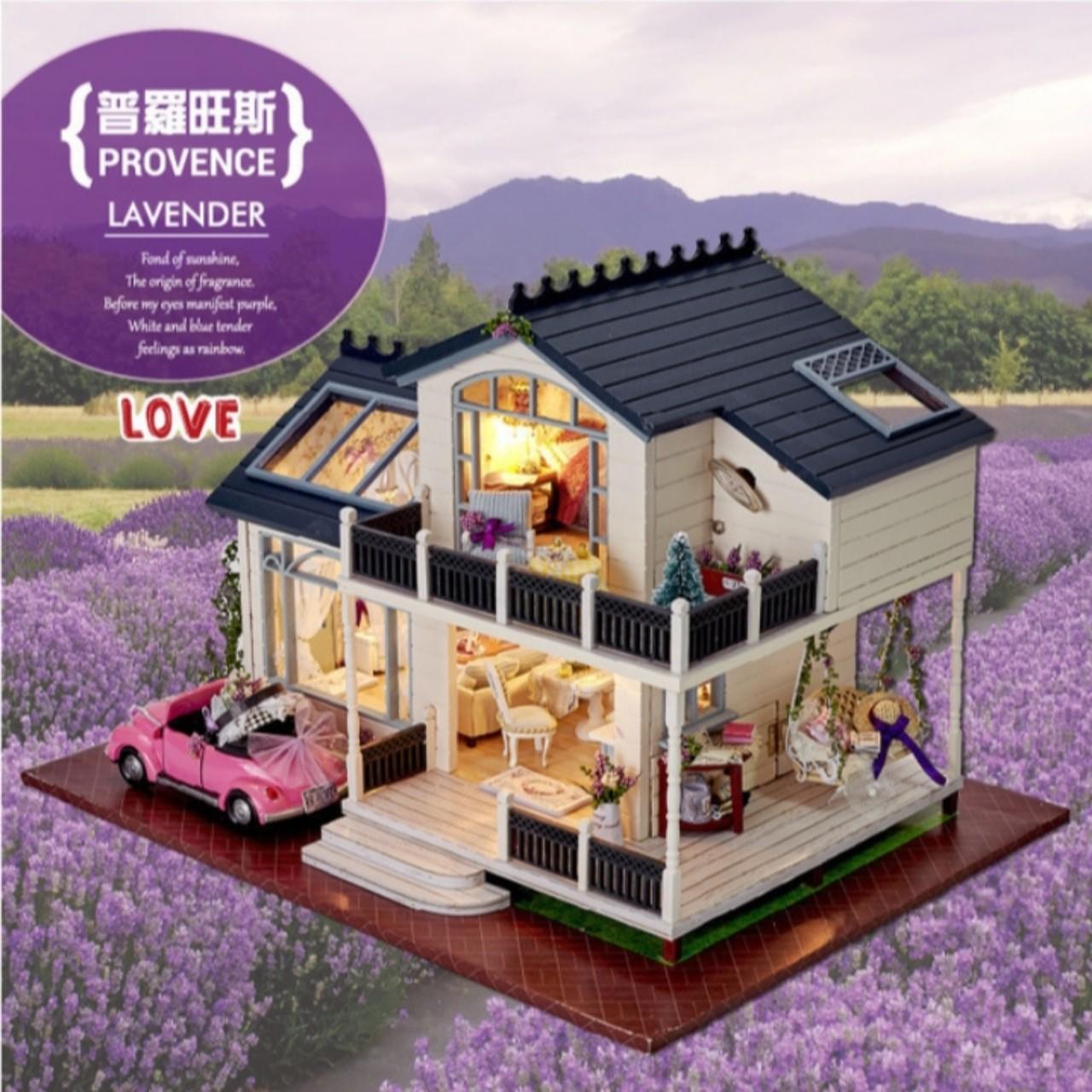 Mô hình nhà gỗ DIY Biệt Thự Lavender bao gồm ô tô, cót nhạc chưa có mica che bụi