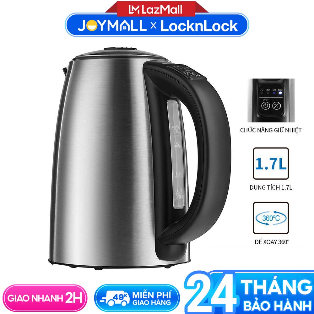 Ấm đun siêu tốc LocknLock EJK136SLV 1.7 lít - Hàng chính hãng, thép không gỉ, tùy chỉnh nhiệt độ sôi, đun nhanh - JoyMall
