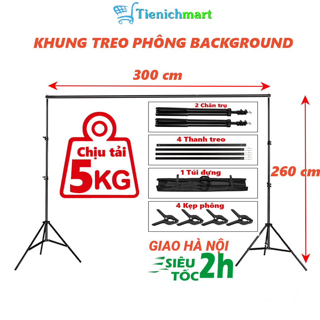 Khung treo phông nền background chụp ảnh sản phẩm Lookbook, Livestream kích thước 2.6mx3m (tặng kẹp, túi đựng )