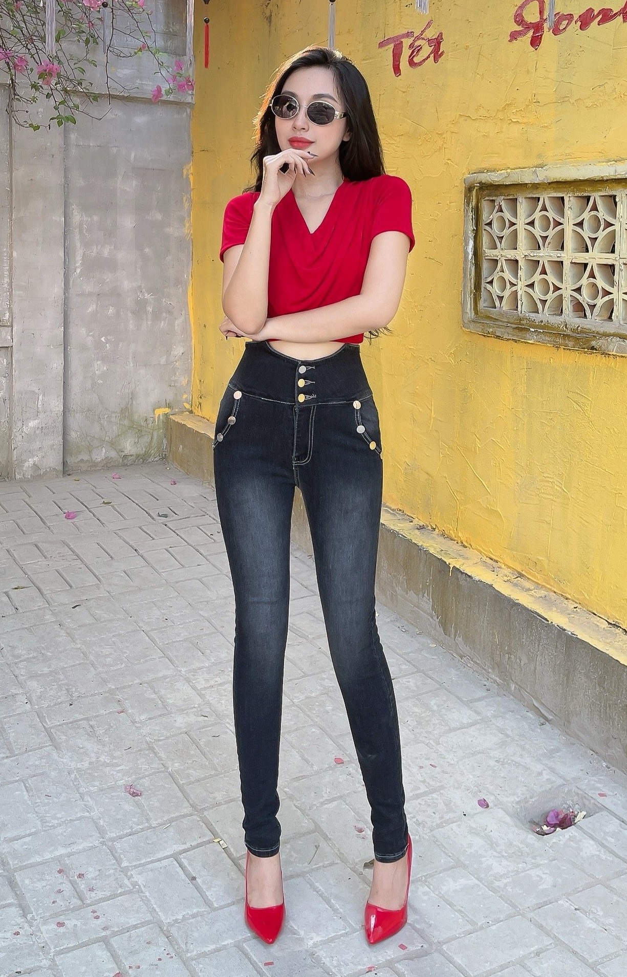 Quần jean nữ lưng siêu cao kiểu co giãn