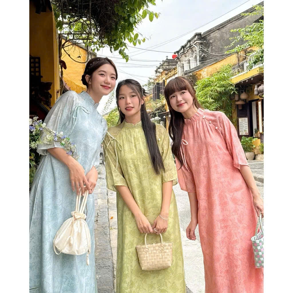 Set áo dài voan tơ Maian áo dài dáng suông cổ tàu in hoa đính nơ cúc bóc kèm quần lụa cao cấp nhẹ nhàng mặc lễ tết S5289