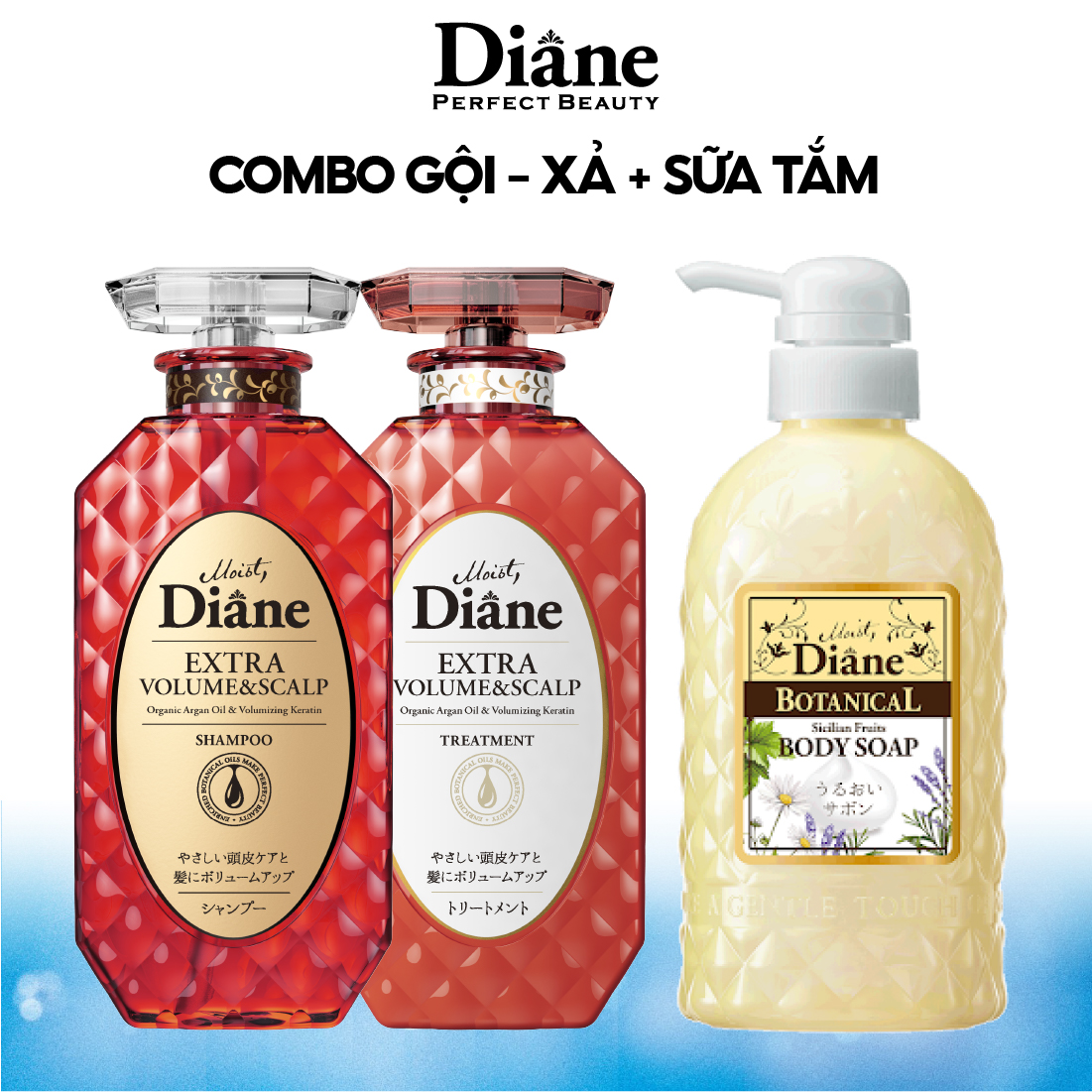 Combo Gội Xả Dưỡng Tóc chống rụng & làm phồng tóc Moist Diane Extra Volume & Scalp và Sữa Tắm Moist Diane Botanical Sicilian Fruits