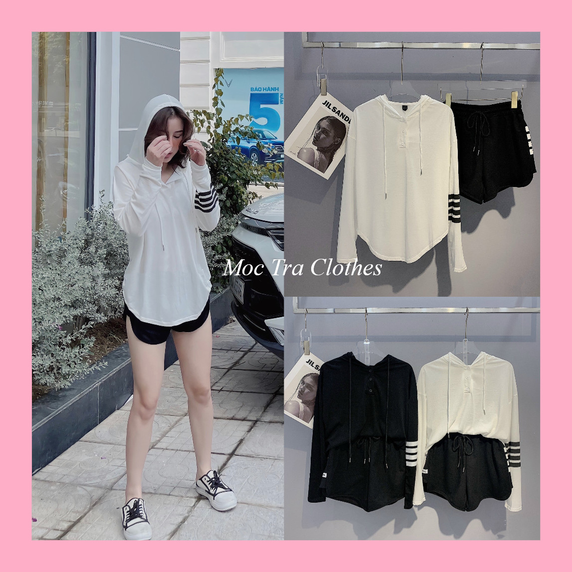 Set đồ nữ thể thao Quảng Châu thiết kế gồm áo nỉ mũ và quần short đùi phong cách cá tính trẻ trung, Set bộ quần áo nữ Hàn Quốc mùa đông rẻ đẹp