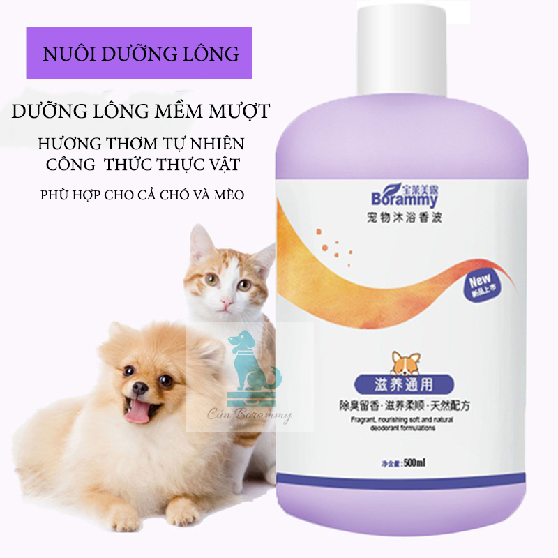 [Hoàn Tiền 10%]Sữa tắm cho chó BORAMMY 500ml dưỡng lông mềm mại cho thú cưng - Sữa tắm cho mèo dưỡng chất hoa hồng có độ nhớt thấp dễ xoa tạo bọt chai màu tím