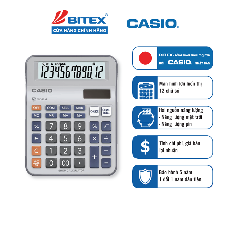 Máy tính CASIO DC-12M chính hãng, hiển thị 12 số, nhiều chức năng, chuyên dùng cửa hàng, shop