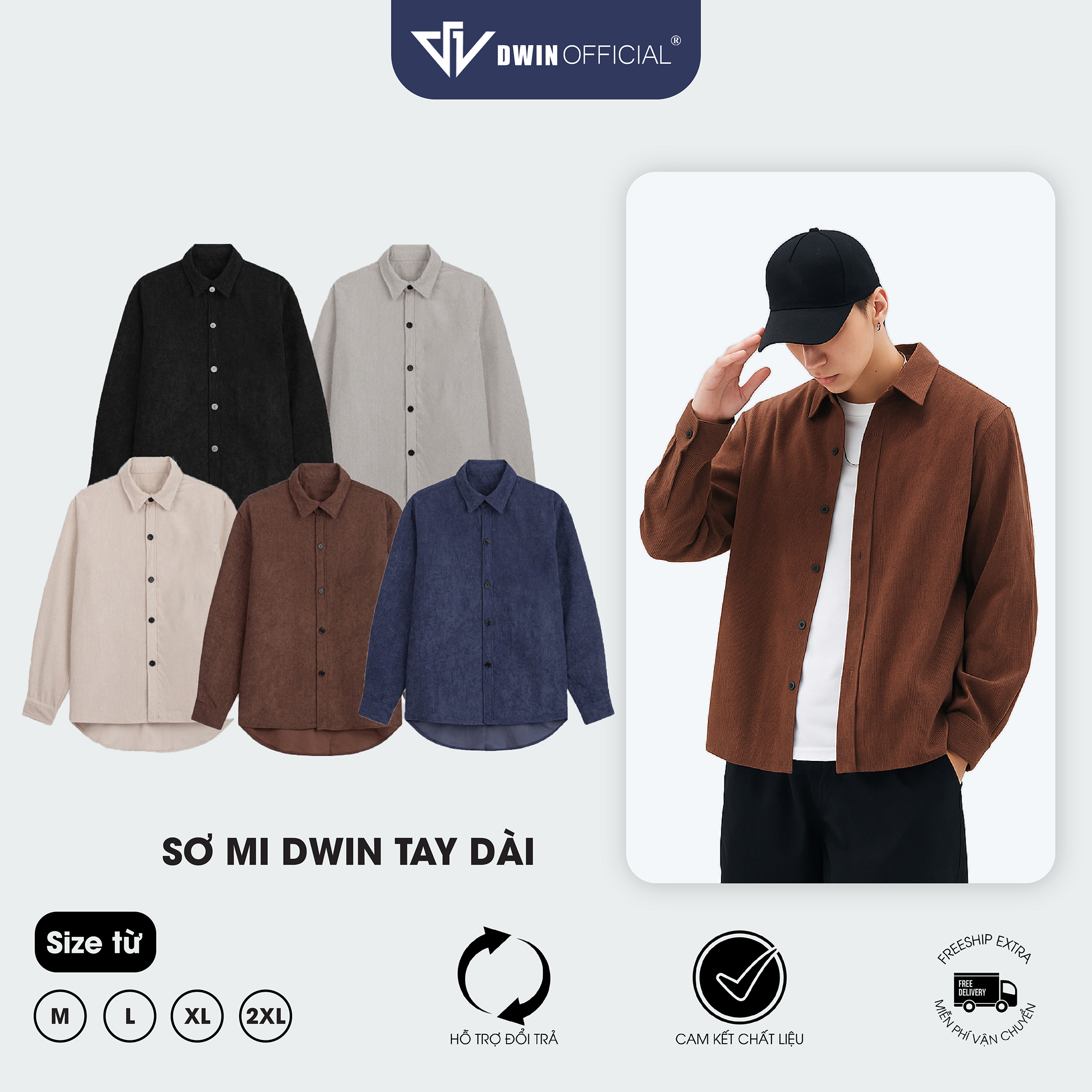 Áo sơ mi nam nữ dài tay DWIN trơn basic chất nhung tăm cao cấp chống nhăn