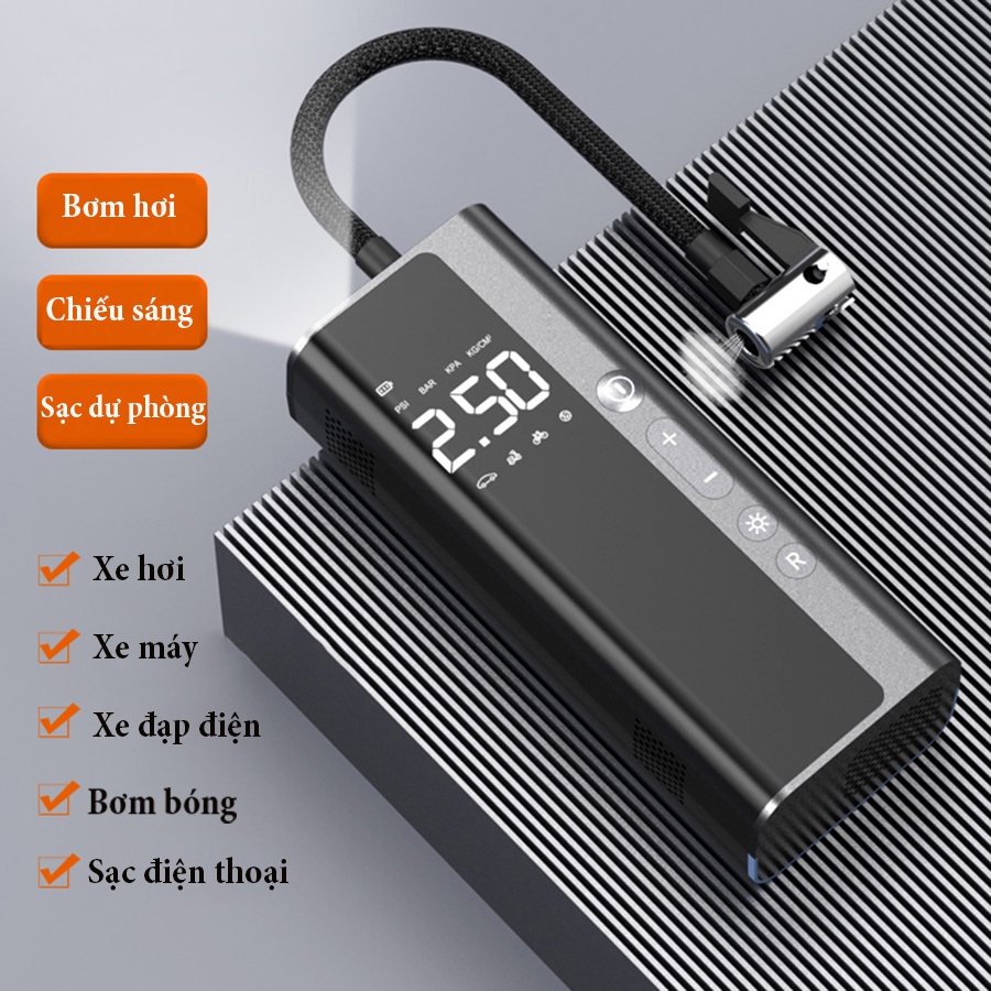 Máy bơm không khí 6000mAh, bơm lốp xe ô tô điện tử cao cấp, sạc dự phòng thông minh