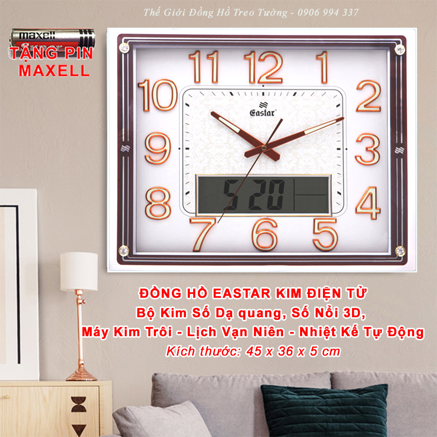 Đồng Hồ Kim Điện Tử EASTAR KIM TRÔI Cao Cấp có DẠ QUANG, LỊCH VẠN  NIÊN và NHIỆT KẾ Điện Tử - Tặng 3 Pin Maxell - Decor Trang Trí Nhà