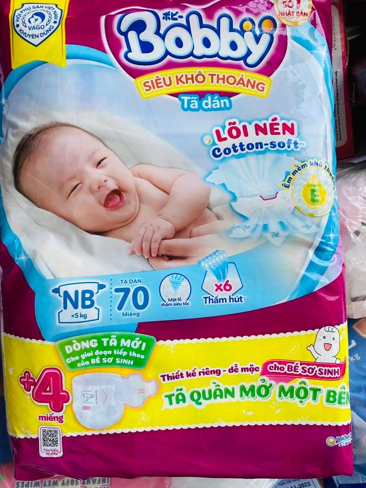 Bỉm/tã dán sơ sinh bobby nb70+4 cho bé 3-5kg . sỉ ib