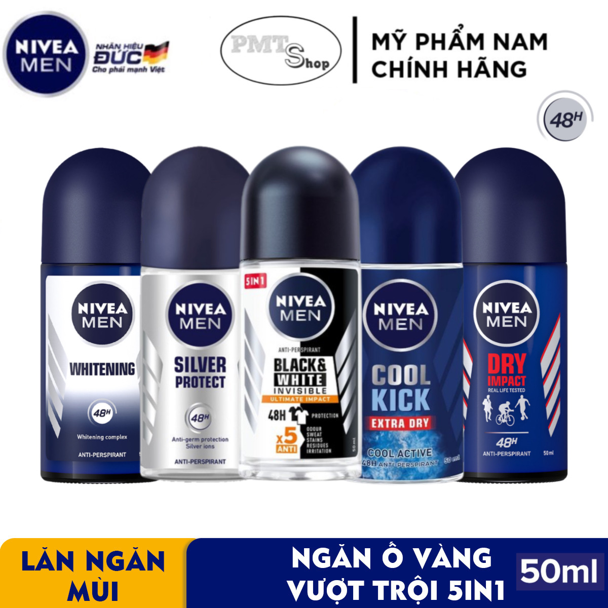 Lăn khử mùi NIVEA MEN 50ml Dry Impact / Brightening / Silver Protect Phân Tử Bạc Khử Mùi Khô Thoáng