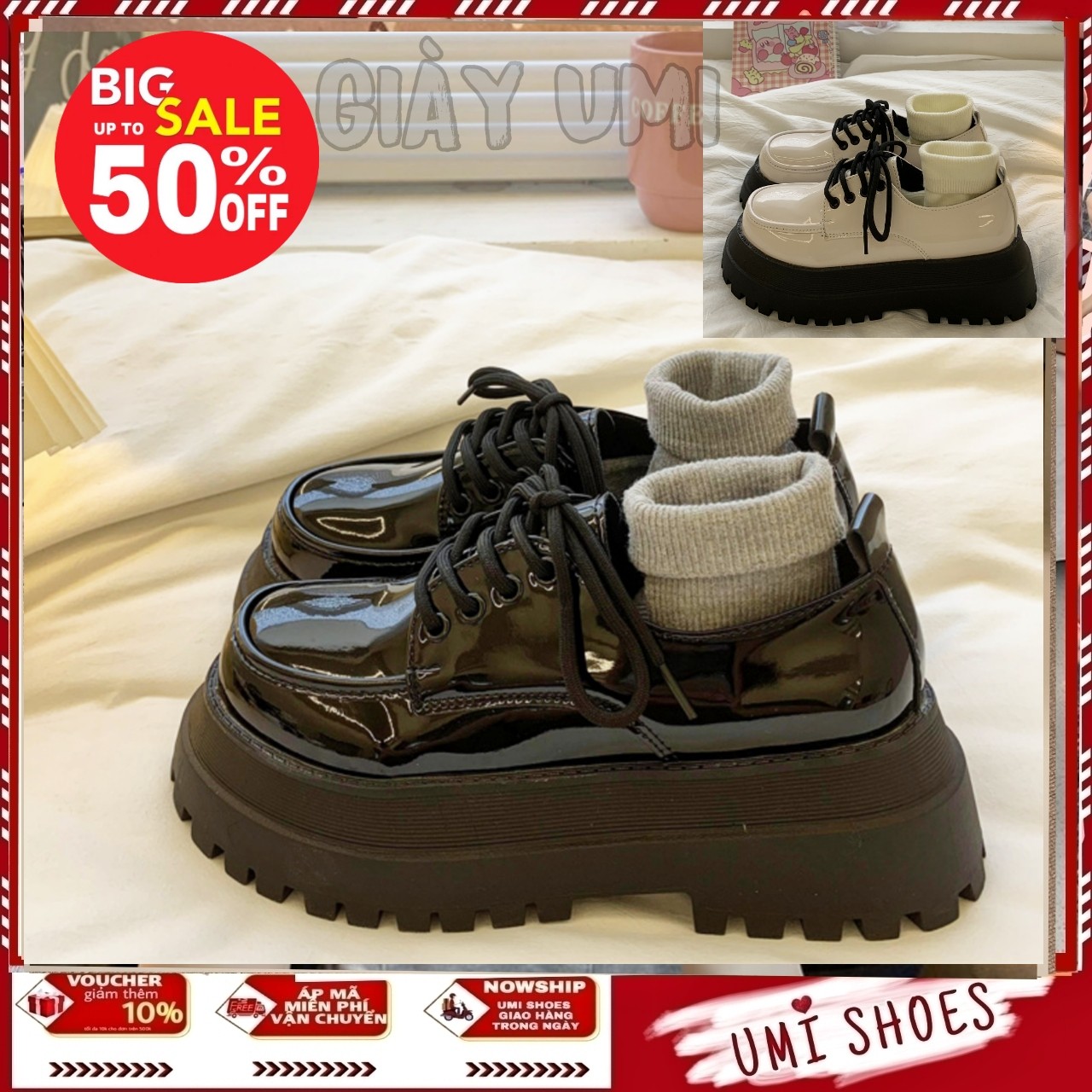 Giày lolita đốc ani oxford buộc dây hot mới màu đen/kem đế cao 5cm _ giày umi