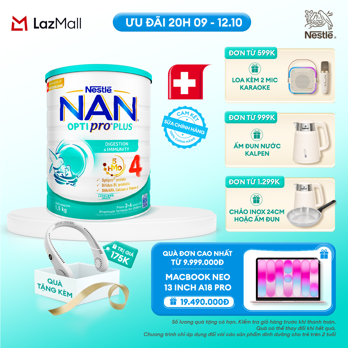 [CHỈ 20h 9-12.10 QT ĐƠN 599K/999K/1299K] [Tặng Quạt đeo cổ] Sữa Bột Nestlé NAN OPTIPRO PLUS 4 1500g Cho Bé 2 - 6 Tuổi: Công Thức Độc Quyền Nhập Khẩu Từ Thụy Sỹ, Chứa Phức Hợp 5-HMO