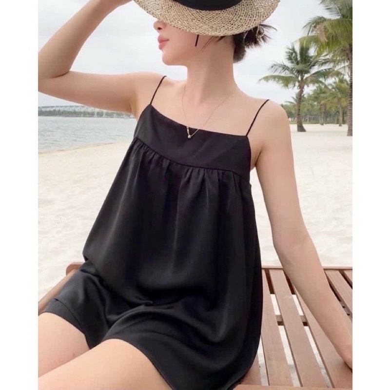 Bộ đồ ngủ pijama hai dây chất lụa Kate Thái mềm mịn họa tiết trơn màu đen