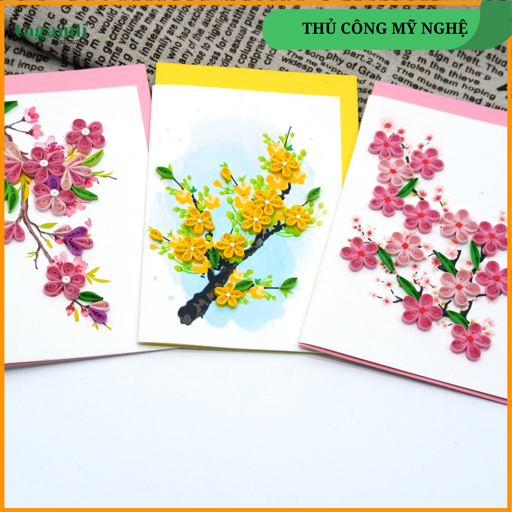 Thiệp Quilling Giấy Xoắn, Thiệp Chúc mừng Năm Mới, Thiệp Hoa đào mừng năm mới, Thiệp giấy Handmade quà tặng ý nghĩa