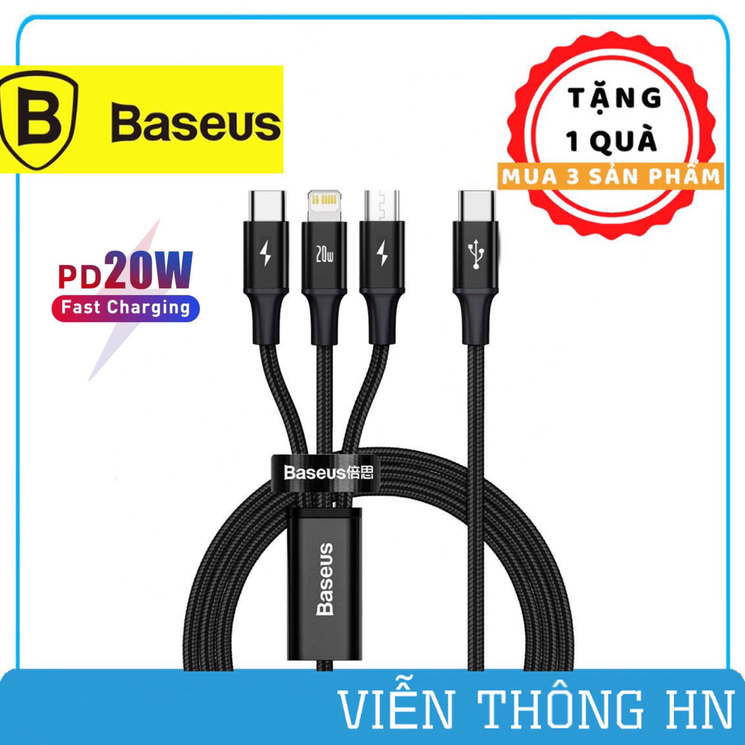 Dây sạc  3 in 1 pd 20w  baseus  cáp 3 đầu lightning micro usb type c bọc dù chống đứt cho iphone samsung oppo,...vv