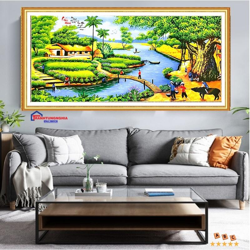 Tranh đính đá, tranh thêu chữ thập phong cảnh làng quê việt nam