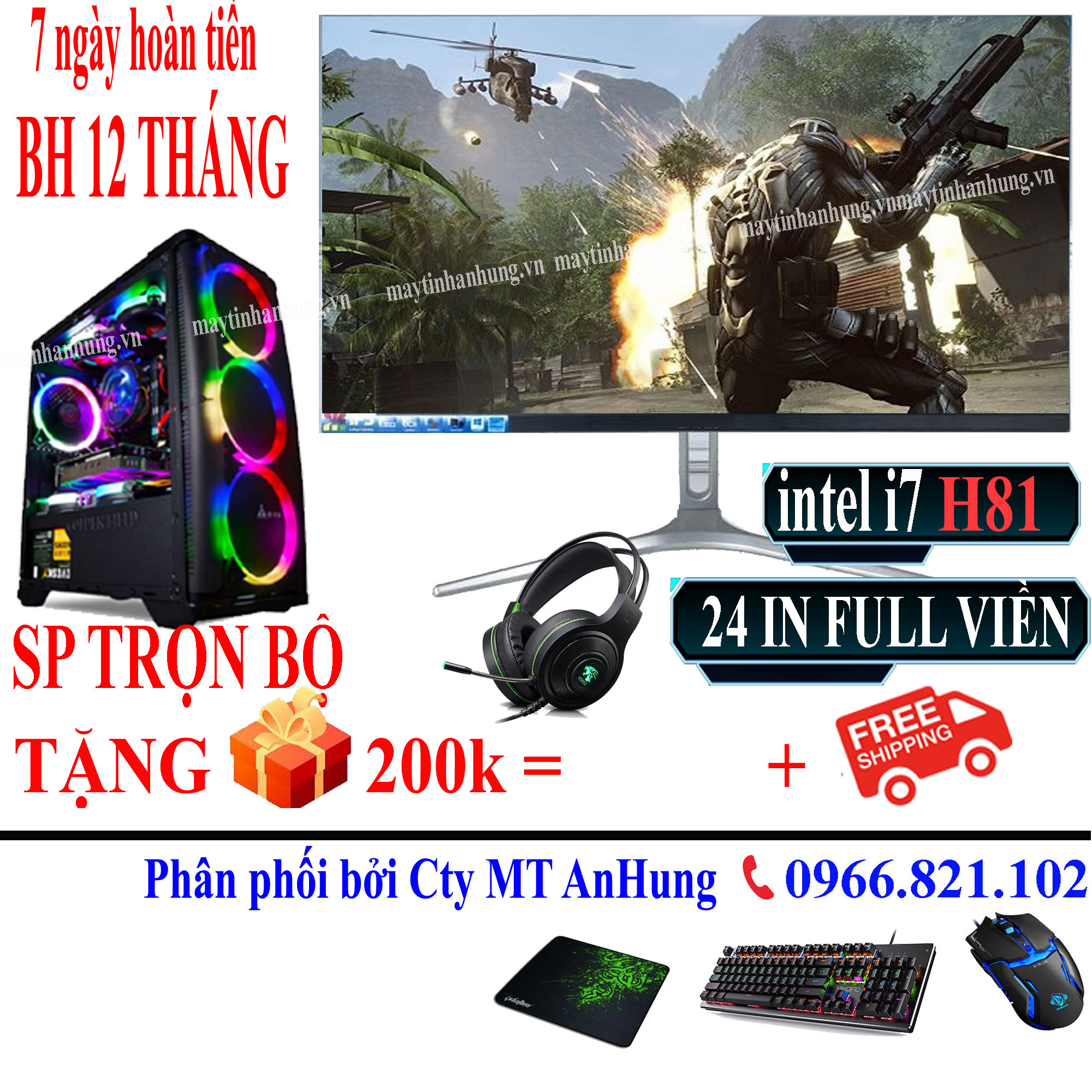 Bộ máy tính intel i7 màn 24 inch IPS mới full box 100% chuyên game cf, lol, fifa, pubg, gata 5, Genshin Impact ...game giả lập bh 12 tháng