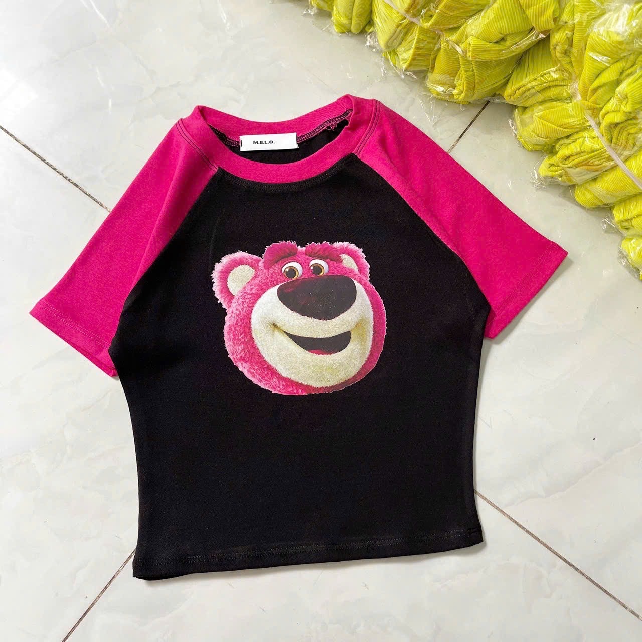 ÁO THUN CROPTOP TAY LỠ IN GẤU MÀU HỒNG SIÊU XINH FORM 50KG TRỞ LẠI