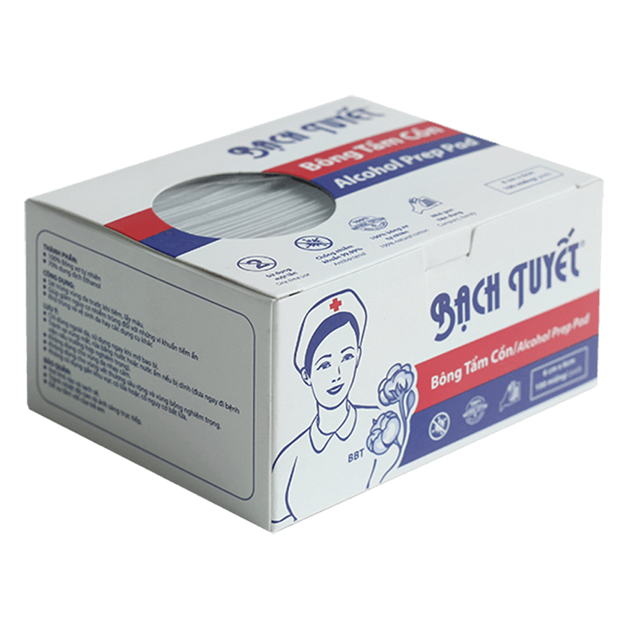 Hộp 100 miếng bông tẩm cồn - chính hãng bông bạch tuyết