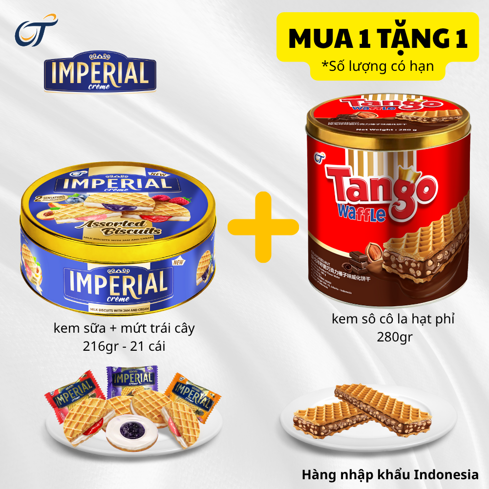 MUA 1 TẶNG 1 _ GIẢM 50% _ Date 12/25 _ COMBO 2 HỘP THIẾC _ Imperial bánh quy kem sữa và mứt trái cây việt quất, mâm xôi, đào + Tango bánh xốp kem sô cô la hạt phỉ _ Nhập khẩu Indonesia