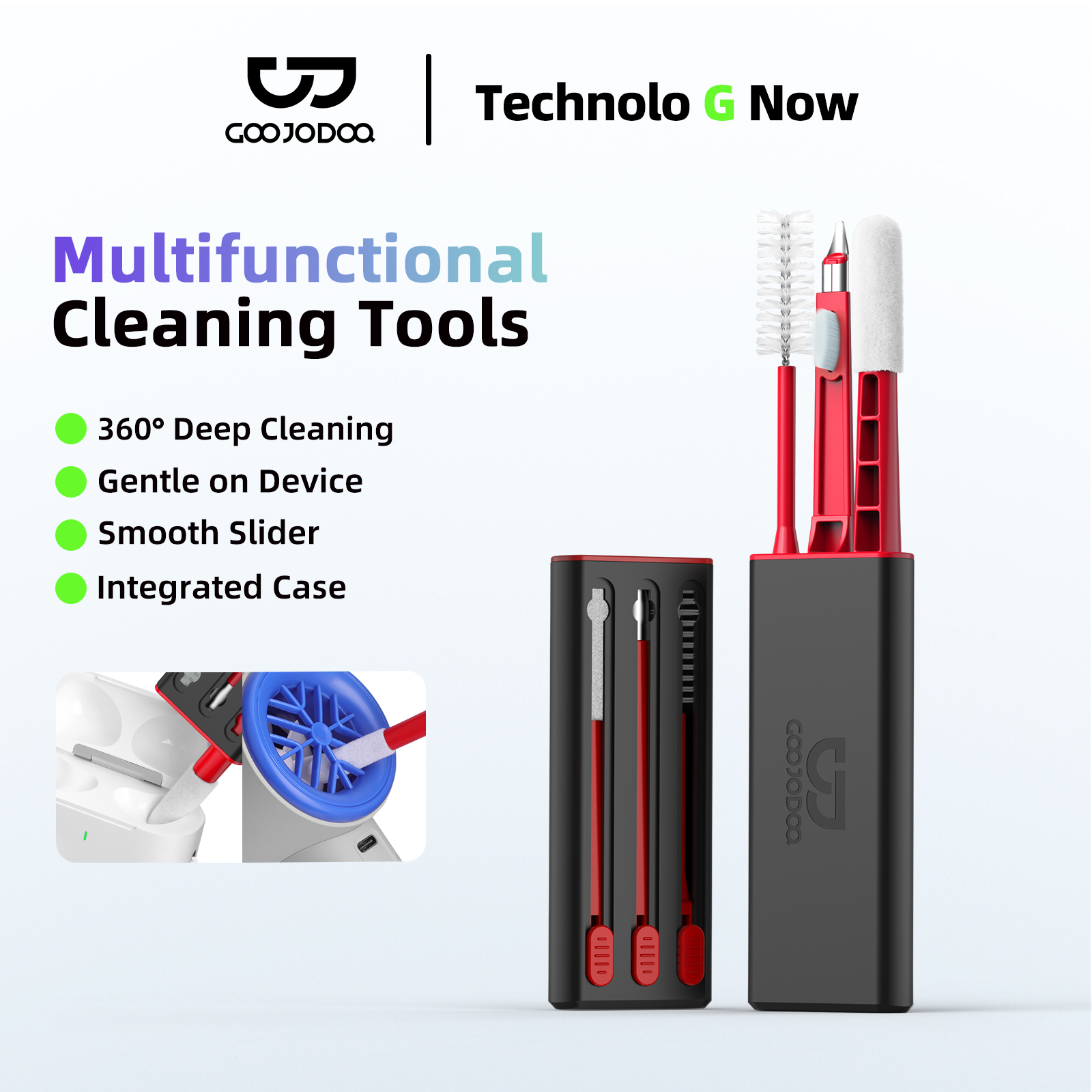 GOOJODOQ 3 in 1 Dụng cụ làm sạch quạt tai nghe 360 ° Độ sạch cao Lông bàn chải mềm không làm hỏng máy