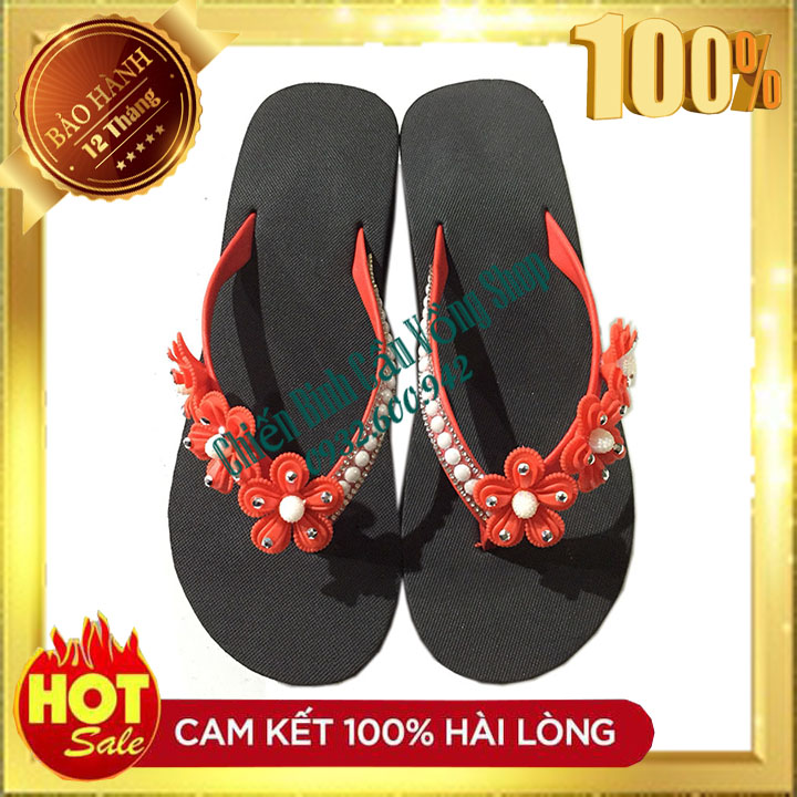 Dép kẹp đính hoa mai đỏ cao 3cm hàng chuẩn - Bảo hành 12 tháng - Dép nữ - Dép nữ đính đá - Dép kẹp nữ
