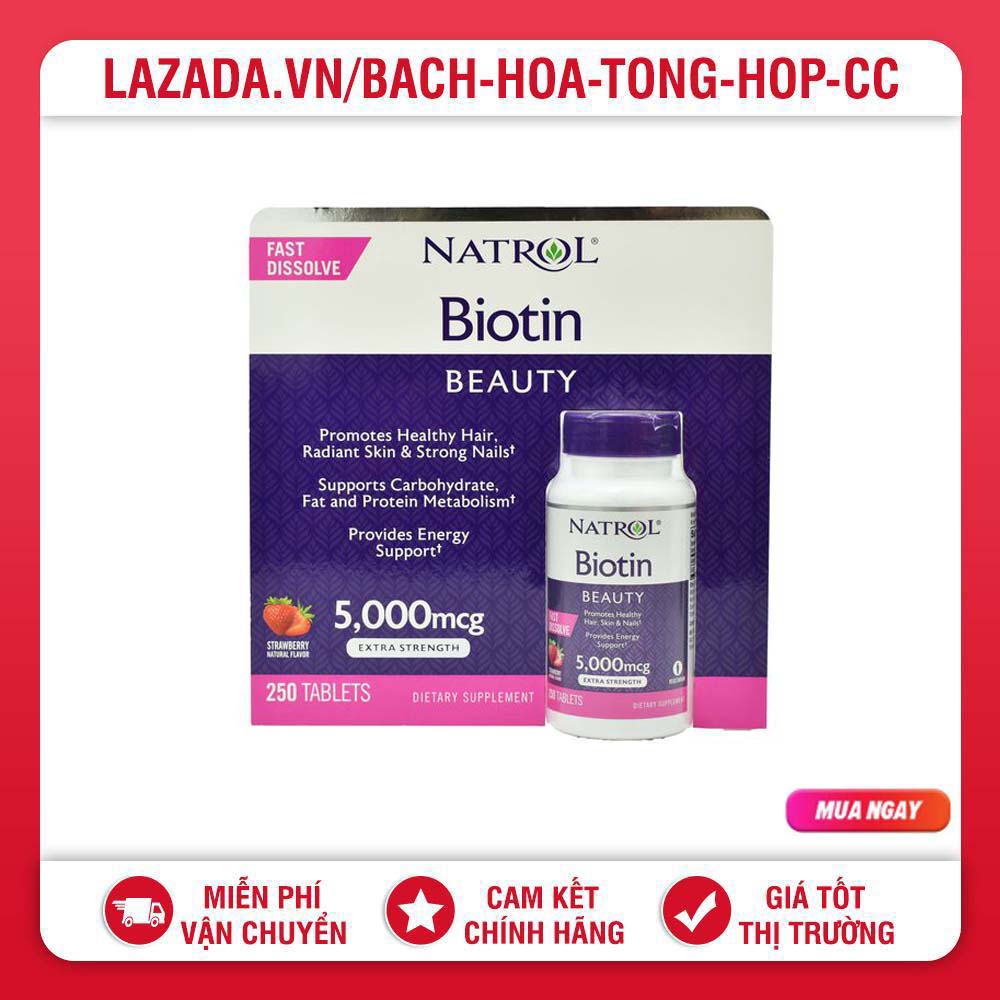 (Date 2026) Viên Ngậm Hương Dâu Natrol Biotin Beauty Fast Dissolve 5000mcg 250 Viên Mỹ
