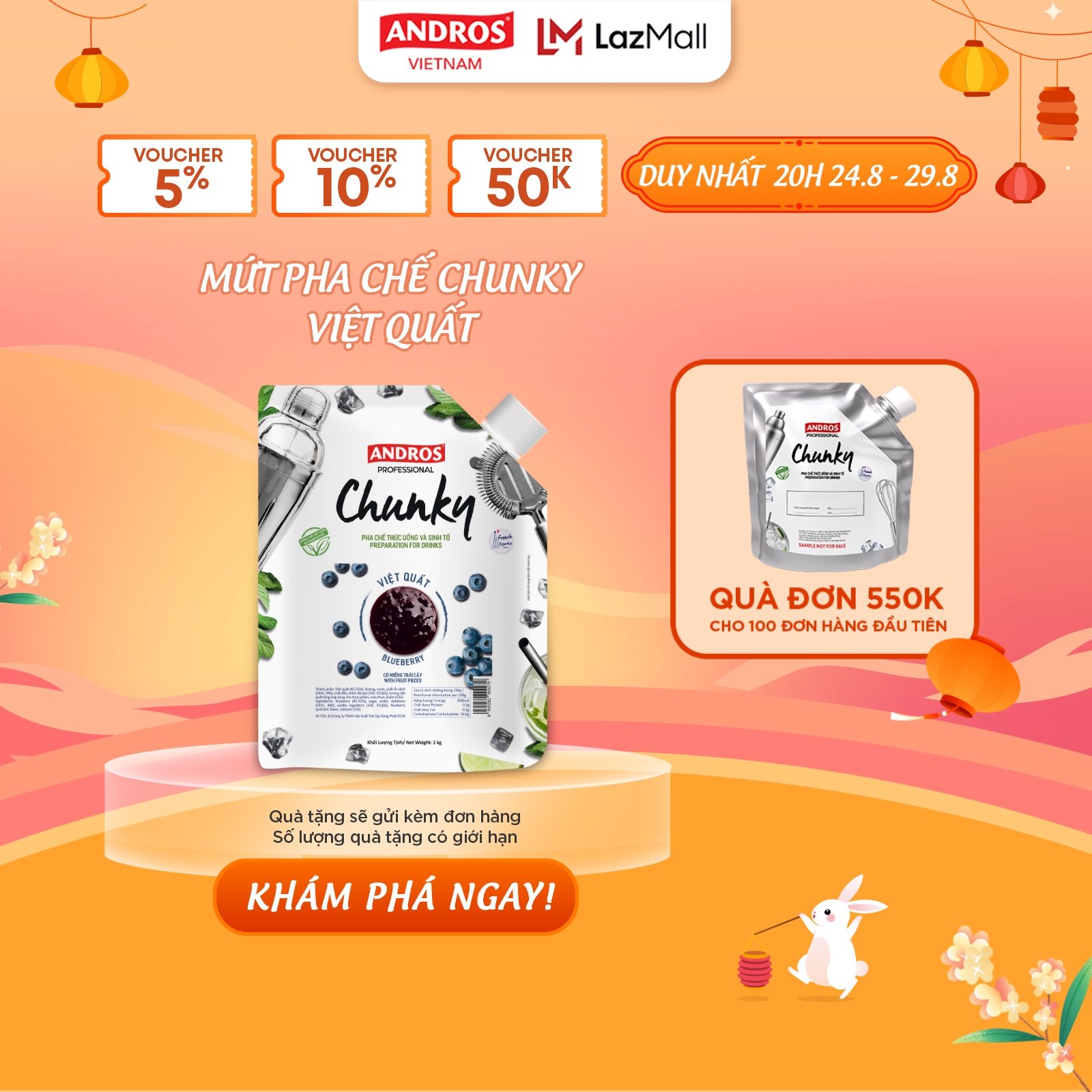 Mứt Trái Cây Pha Chế Việt Quất - Có miếng trái cây thật - Nguyên liệu pha chế - ANDROS CHUNKY - 1kg