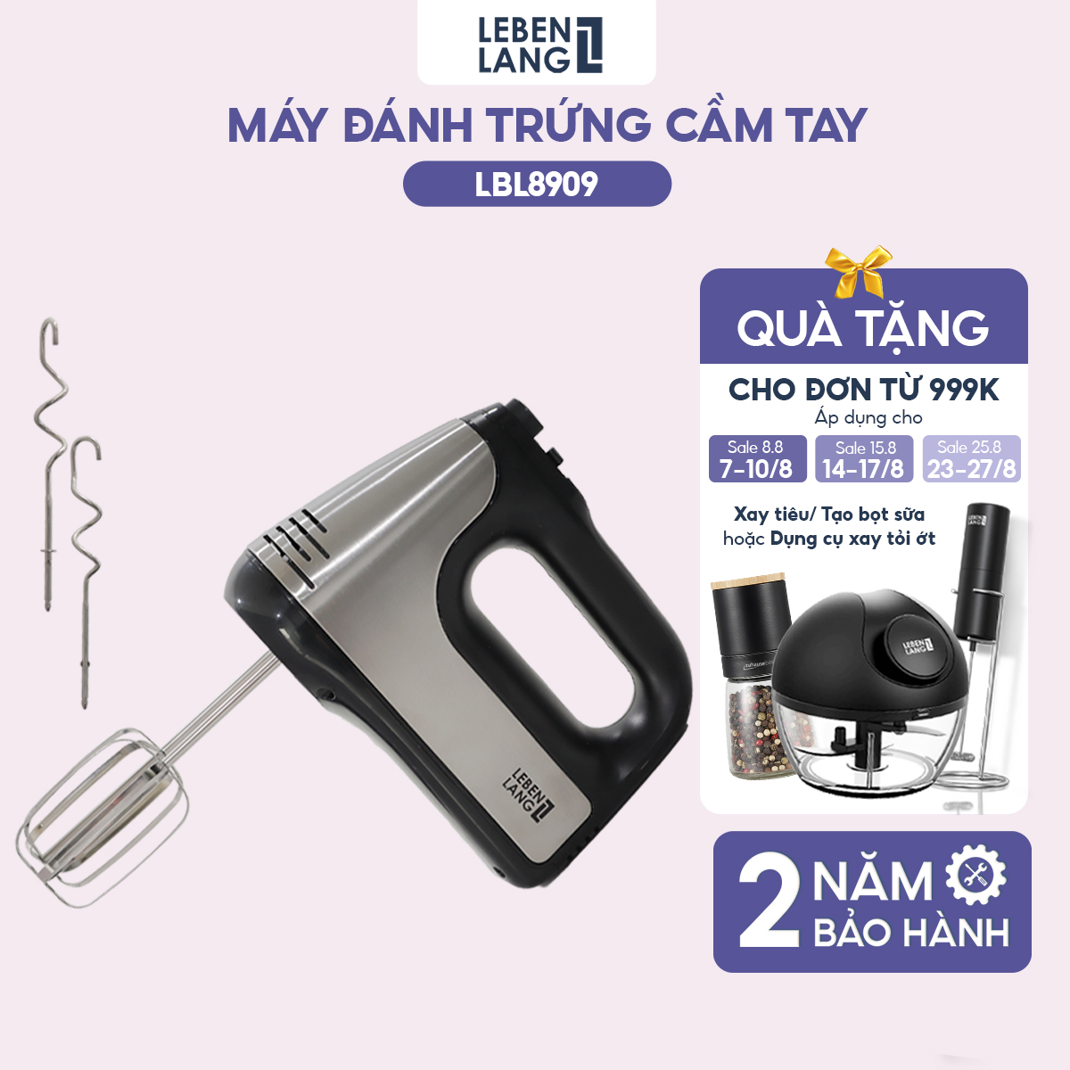 Máy đánh trứng Lebenlang LBL8908, máy trộn cầm tay 5 tốc độ, công suất lớn 400W, bảo hành 2 năm - hàng chính hãng