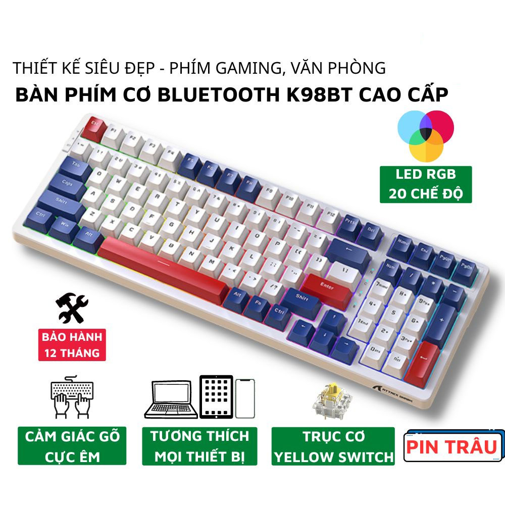 Bàn Phím Cơ Không Dây Bluetooth Bảng Nâng Cấp K98BT Trục Cơ Switch Yellow Cao Cấp