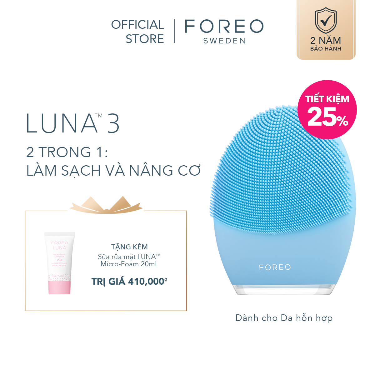 Máy rửa mặt FOREO LUNA 3 dành cho da hỗn hợp, có thể sạc, bảo hành 2 năm, theo dõi bằng APP - intl