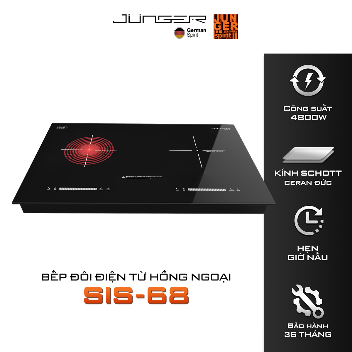 Bếp đôi điện từ hồng ngoại junger sis-68 4200w không kén nồi hàng chính hãng bảo hành 36 tháng