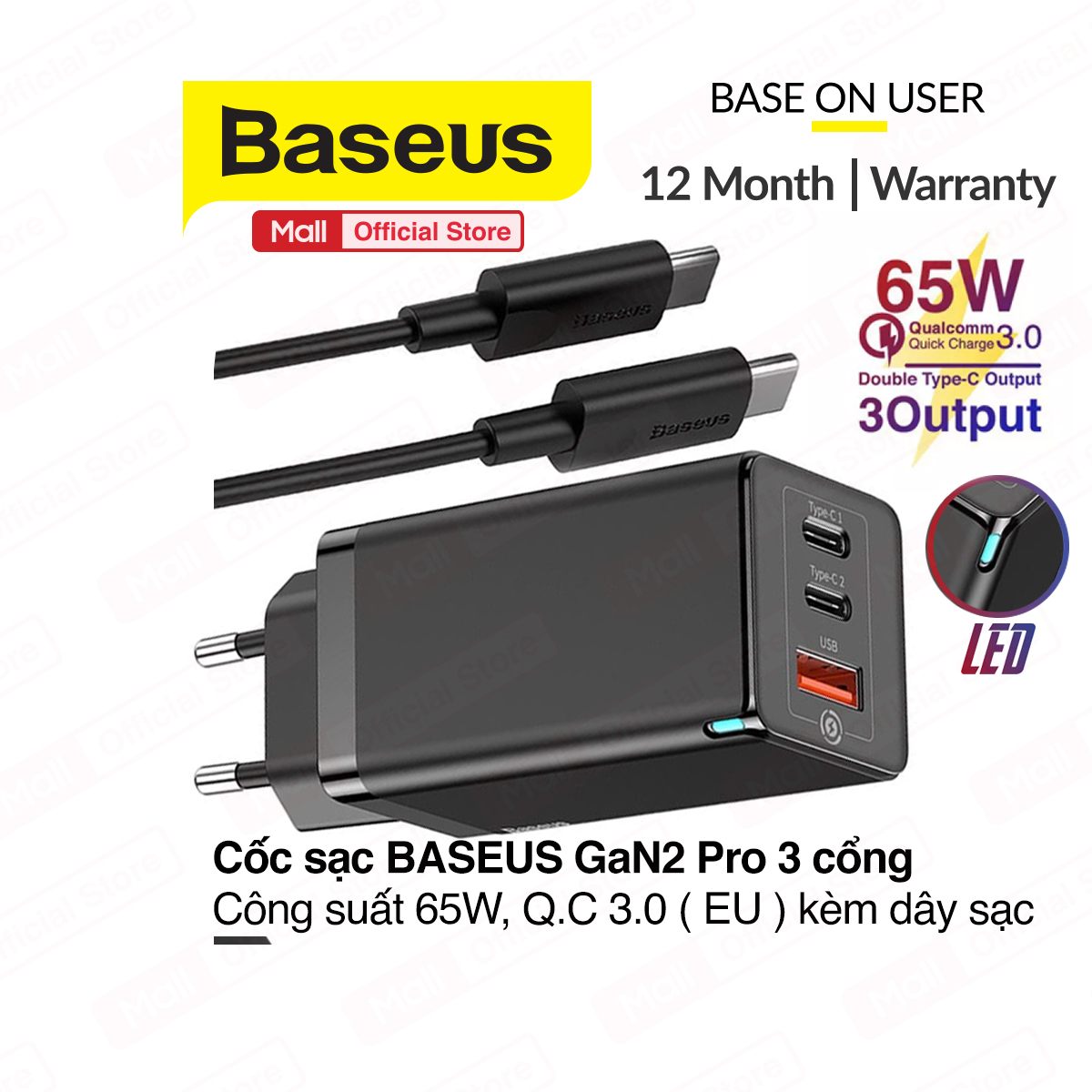 Củ sạc nhanh Baseus GaN Pro Travel Quick Charger 65W cho Smartphone/ Tablet/ iPad/ Macbook/ Laptop kèm dây cáp Type-C to Type-C dài 1m (Type Cx2 + USB , PD3.0/ PPS/ QC4.0/ SCP/ FCP Multi Quick Charge Protocol, GaN Technology)