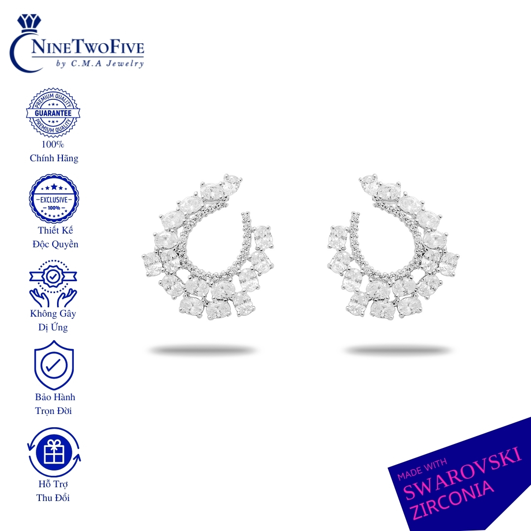 Bông tai bạc nine two five phủ rhodium đính đá swarovski - ntf extraordinary - bông tai nụ climber vòng cung - e-nb1025