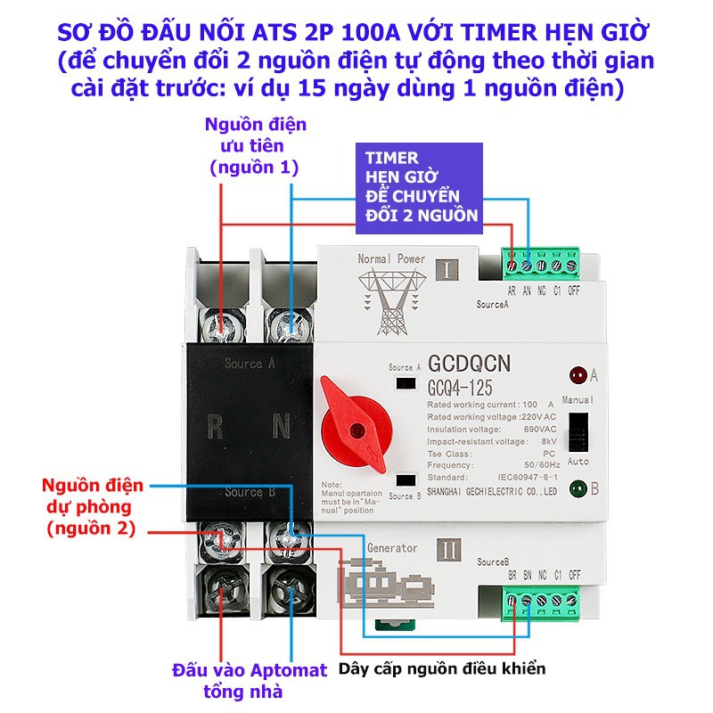 Bộ chuyển nguồn ATS 63A/100A 2P 220V chuyển mạch nhanh không gây mất điện, cầu dao đảo chiều