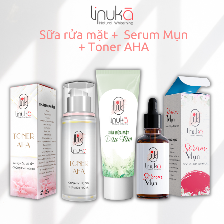 Sữa rửa mặt da dầu mụn, dưỡng ẩm da mặt kết hợp serum giảm mụn và toner AHA se khít lỗ chân lông LINUKA