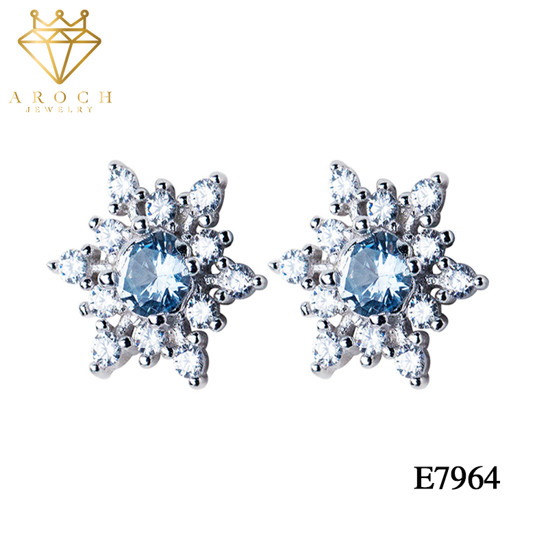 Khuyên tai bạc s925 bông tuyết đá trắng mix xanh e7964- aroch jewelry