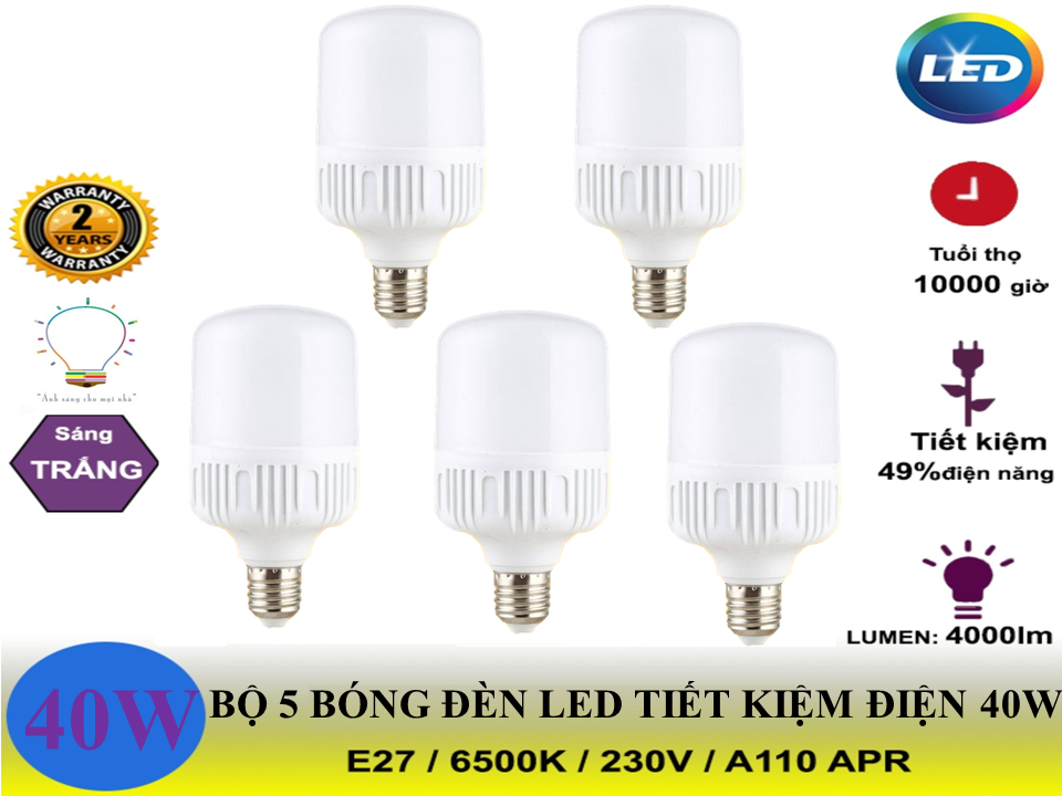 Combo 5 Bóng Đèn Led 40W Ánh Sáng Trắng- Tiết Kiệm Điện, Bảo Hành 12 Tháng 1 đổi 1