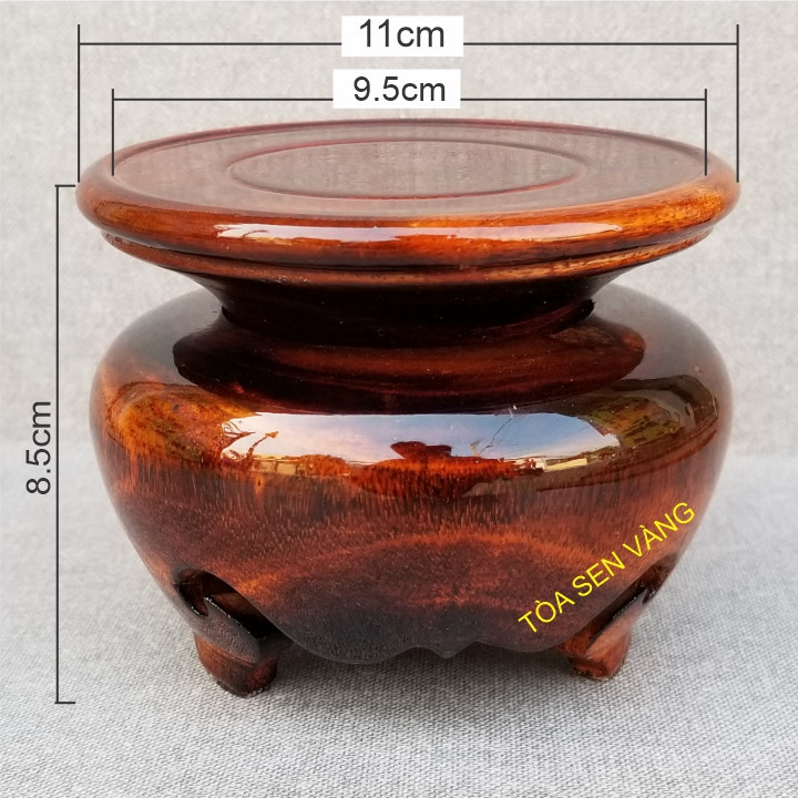 Đế gỗ - Đôn gỗ thờ, đường kính ngoài 11cm cao 8cm, lọt lòng mặt đế 9.5cm, màu nâu đỏ, nâu đen