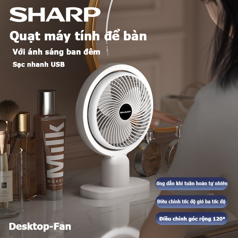 Sharp quạt mini để bàn có đèn - quạt tích điện bàn, cầm tay, xoay 120 độ siêu bền,quạt sạc usb giường ký túc xá sinh viên im lặng