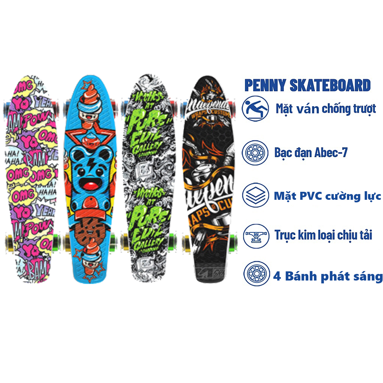 Ván trượt Keen store Penny họa tiết bánh có đèn cho trẻ em và người lớn