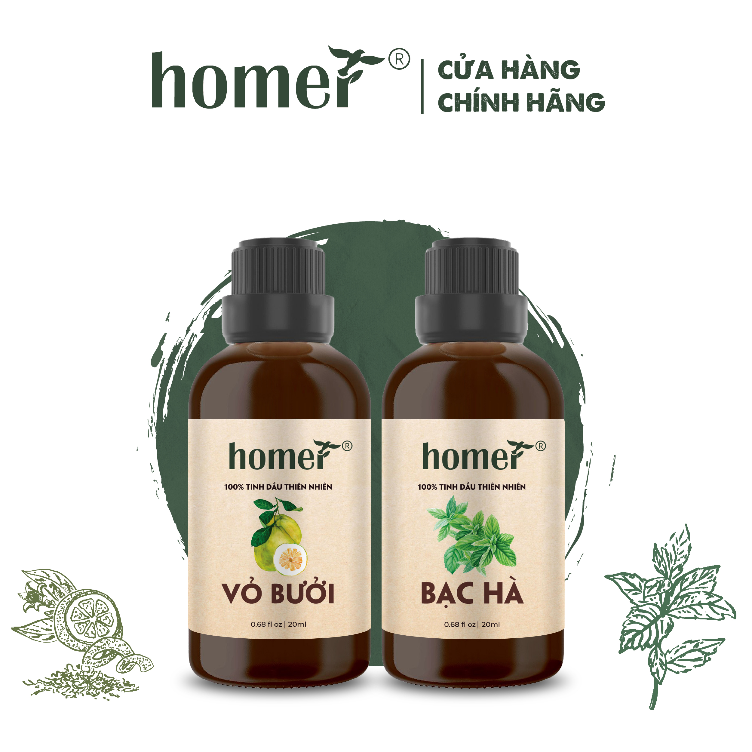 Combo 2 tinh dầu thiên nhiên HOMER giá tiết kiệm đạt chuẩn chất lượng kiểm định - Dung tích 20ml/100ml