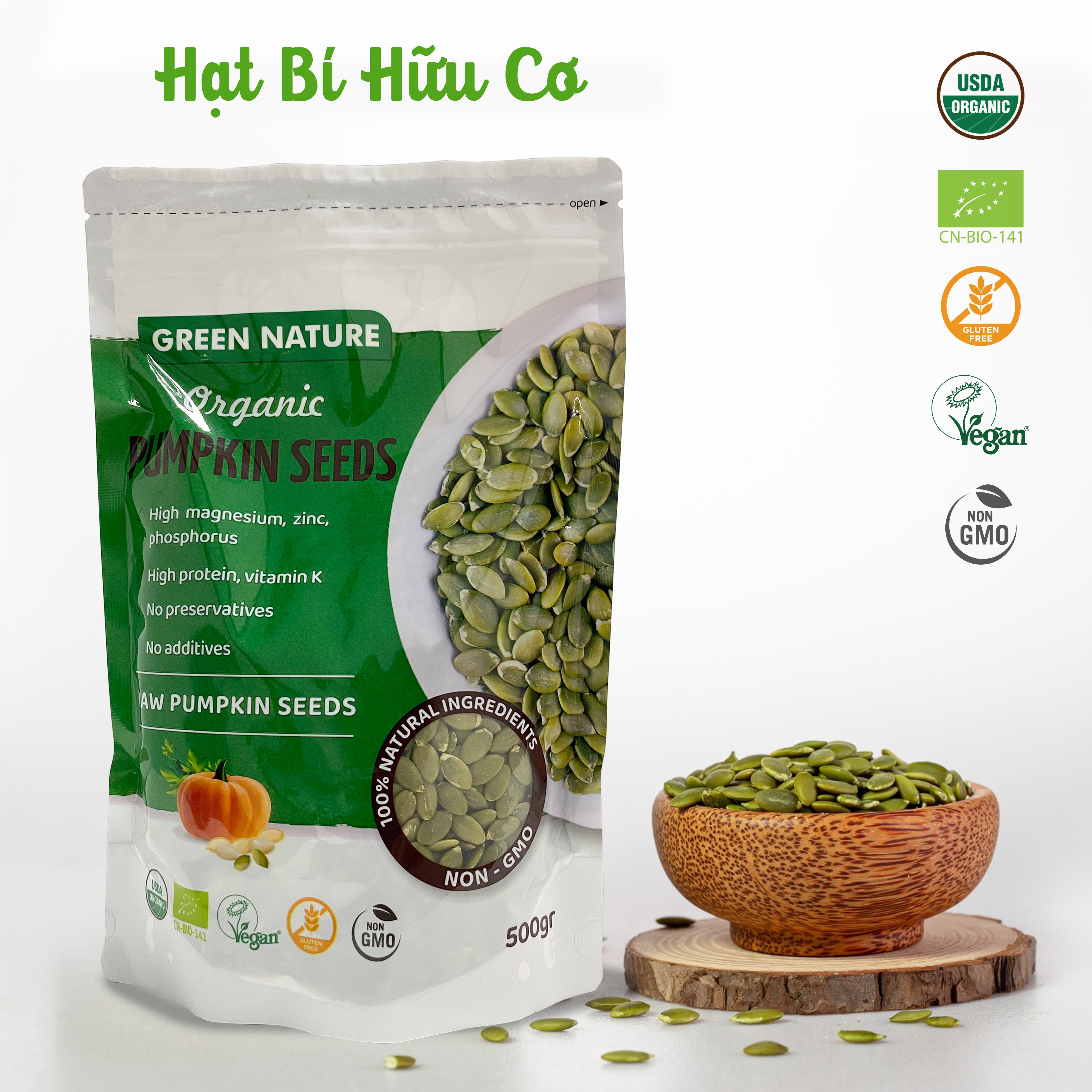 Hạt bí hữu cơ Green Natural 500g