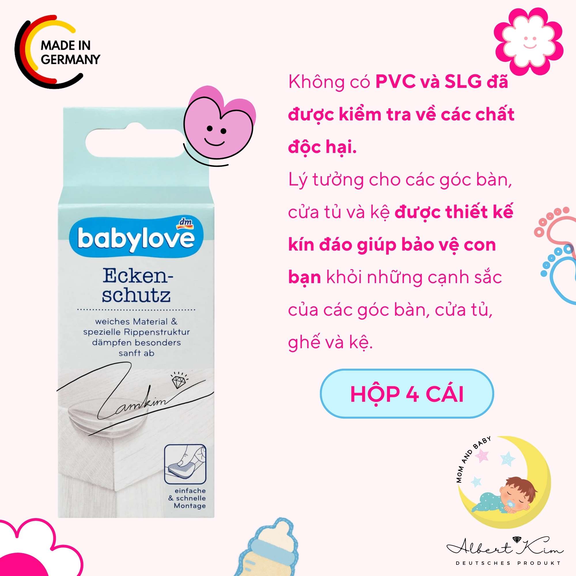 Miếng bọc góc bàn silicon cho bé kèm miếng dán chắc chắn, miếng bọc cạnh bàn Babylove - hộp 4 cái
