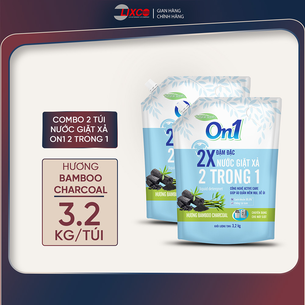 Combo 2 Túi nước giặt xả On1 hương Bamboo Charcoal 3.2Kg 20501 sạch khuẩn, khử mùi, kết hợp giặt xả 2 trong 1 - Lixco Việt Nam