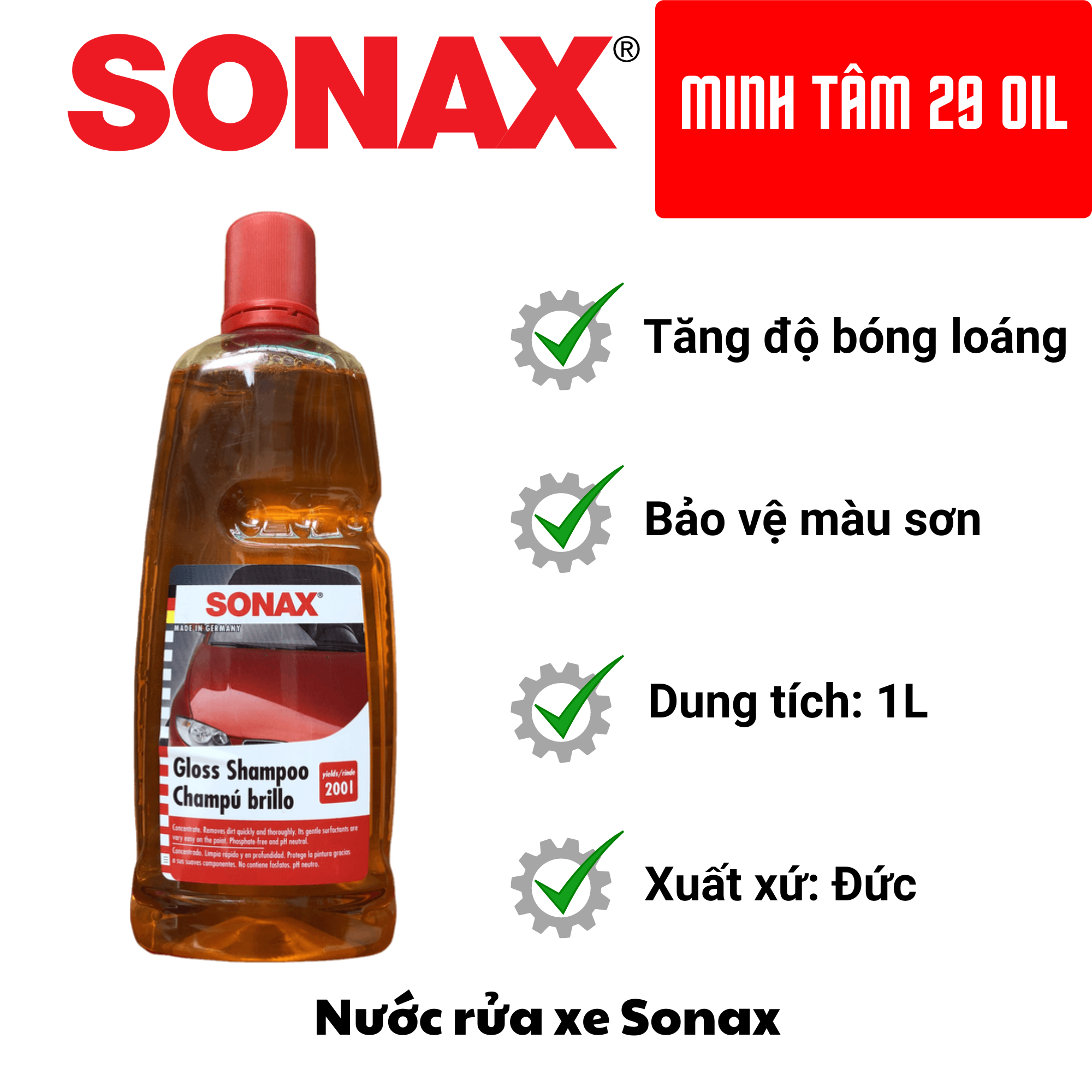 Nước rửa xe Sonax đậm đặc, dung dịch rửa xe, xà bông rửa xe, làm sạch nhanh và toàn diện, bảo vệ sơn, Made in Germany, dung tích 1000ml